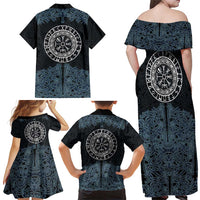 Viking Vegvisir Symbol Family Matching Off Shoulder Maxi Dress and Hawaiian Shirt with Runes and Intricate Knotwork Norse Protection Tribute - Wonder Print Shop