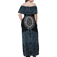 Viking Vegvisir Symbol Family Matching Off Shoulder Maxi Dress and Hawaiian Shirt with Runes and Intricate Knotwork Norse Protection Tribute - Wonder Print Shop