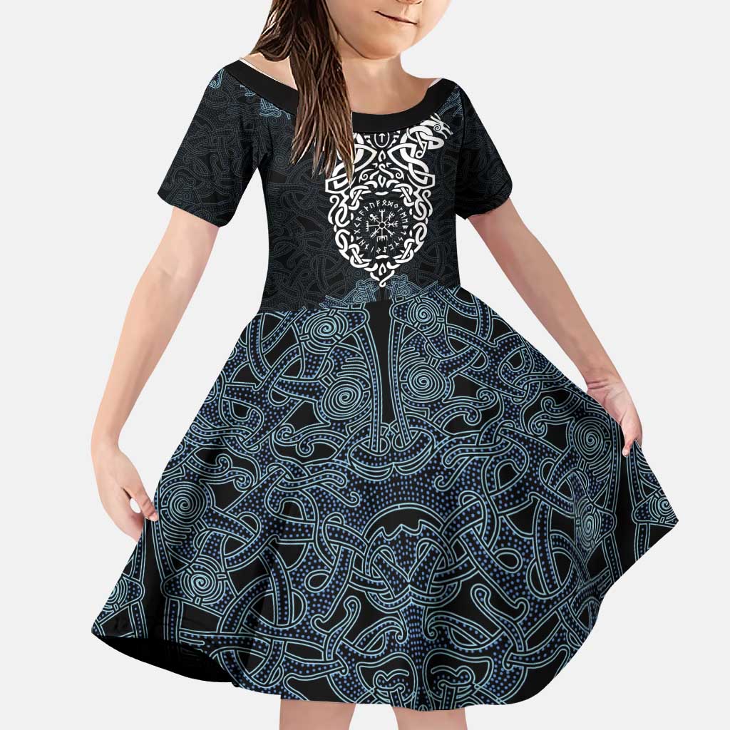 Viking Vegvisir Symbol Family Matching Off Shoulder Short Dress and Hawaiian Shirt with Runes and Intricate Knotwork Norse Protection Tribute - Wonder Print Shop