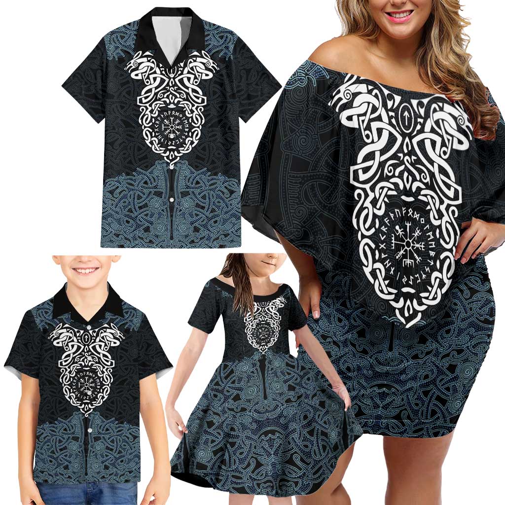 Viking Vegvisir Symbol Family Matching Off Shoulder Short Dress and Hawaiian Shirt with Runes and Intricate Knotwork Norse Protection Tribute - Wonder Print Shop