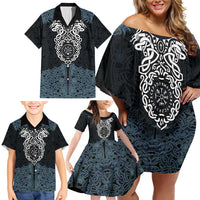 Viking Vegvisir Symbol Family Matching Off Shoulder Short Dress and Hawaiian Shirt with Runes and Intricate Knotwork Norse Protection Tribute - Wonder Print Shop