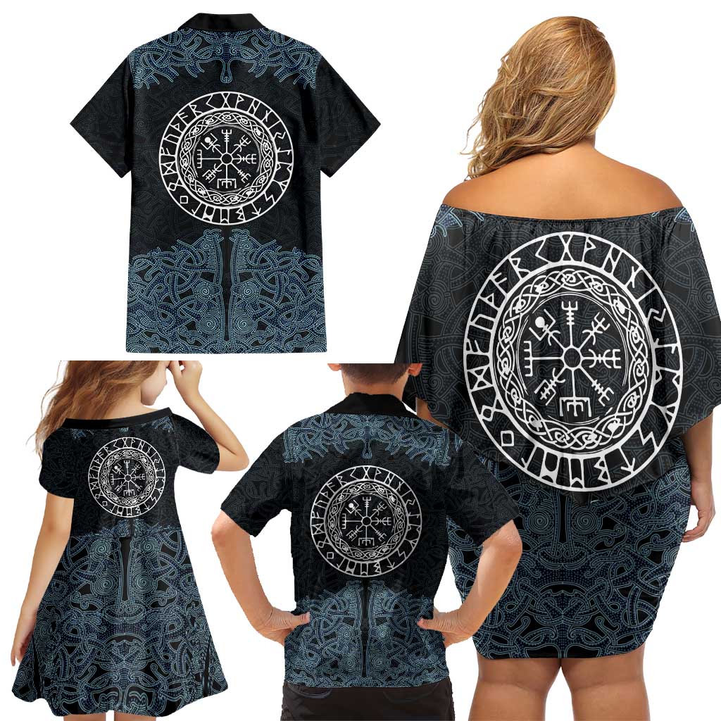 Viking Vegvisir Symbol Family Matching Off Shoulder Short Dress and Hawaiian Shirt with Runes and Intricate Knotwork Norse Protection Tribute - Wonder Print Shop