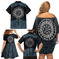 Viking Vegvisir Symbol Family Matching Off Shoulder Short Dress and Hawaiian Shirt with Runes and Intricate Knotwork Norse Protection Tribute - Wonder Print Shop