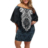 Viking Vegvisir Symbol Family Matching Off Shoulder Short Dress and Hawaiian Shirt with Runes and Intricate Knotwork Norse Protection Tribute - Wonder Print Shop
