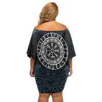 Viking Vegvisir Symbol Family Matching Off Shoulder Short Dress and Hawaiian Shirt with Runes and Intricate Knotwork Norse Protection Tribute - Wonder Print Shop