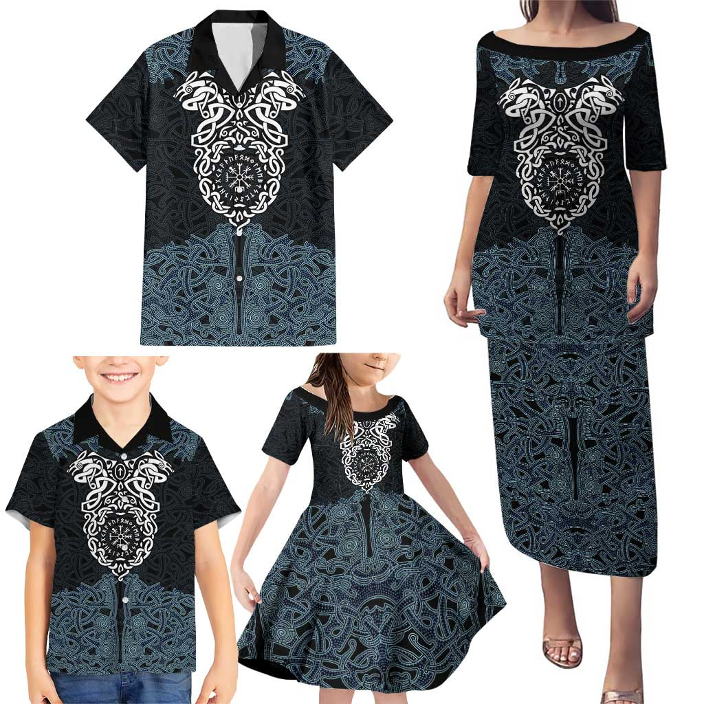 Viking Vegvisir Symbol Family Matching Puletasi and Hawaiian Shirt with Runes and Intricate Knotwork Norse Protection Tribute - Wonder Print Shop