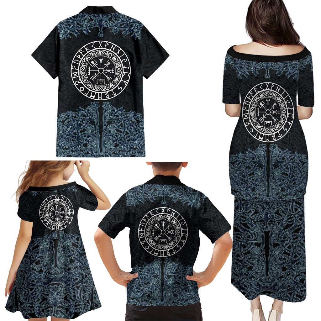 Viking Vegvisir Symbol Family Matching Puletasi and Hawaiian Shirt with Runes and Intricate Knotwork Norse Protection Tribute - Wonder Print Shop