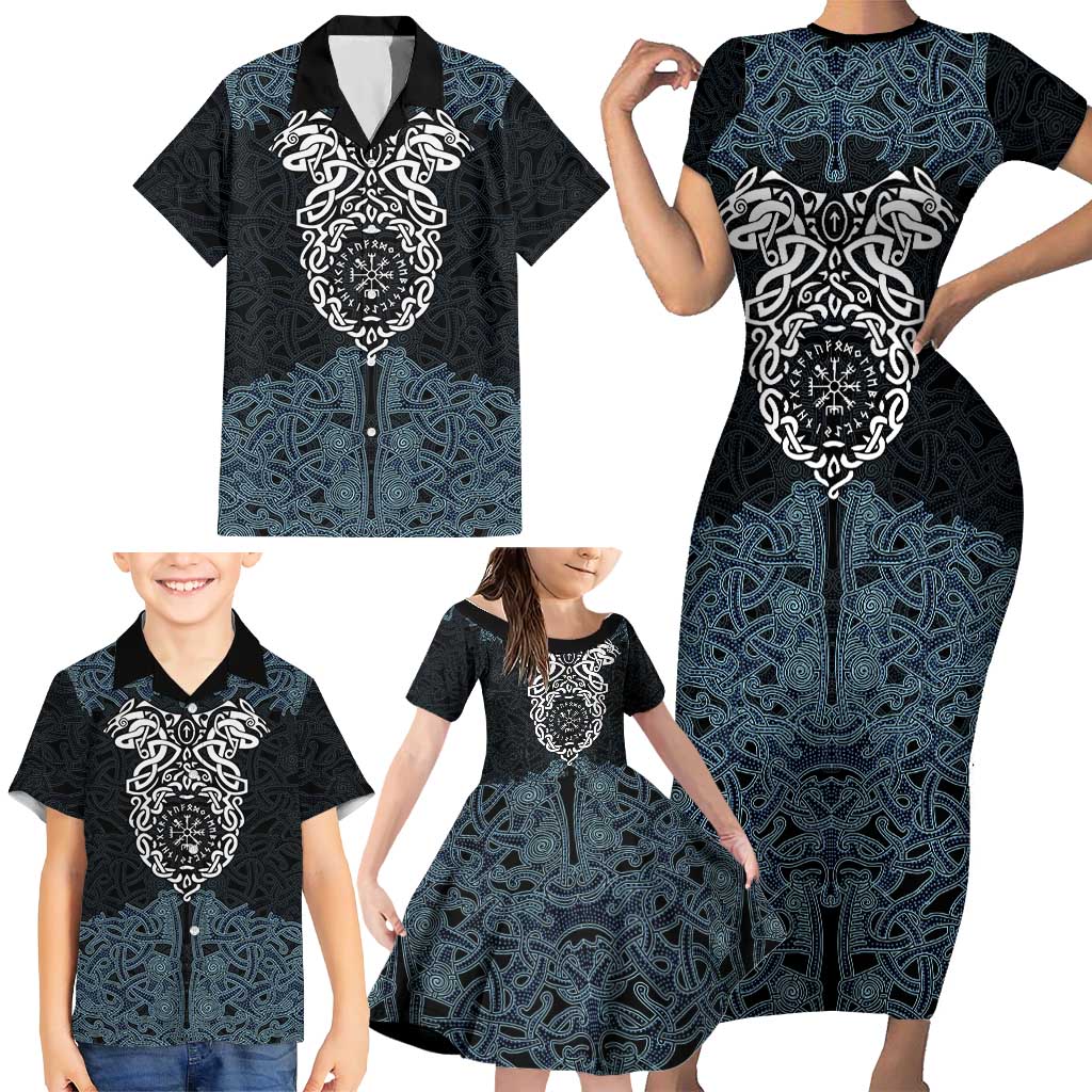 Viking Vegvisir Symbol Family Matching Short Sleeve Bodycon Dress and Hawaiian Shirt with Runes and Intricate Knotwork Norse Protection Tribute - Wonder Print Shop