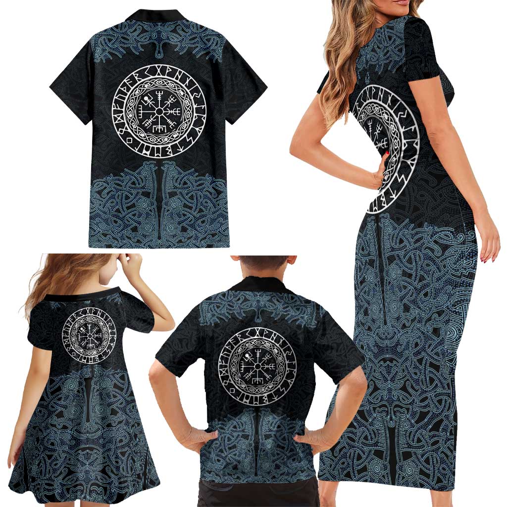 Viking Vegvisir Symbol Family Matching Short Sleeve Bodycon Dress and Hawaiian Shirt with Runes and Intricate Knotwork Norse Protection Tribute - Wonder Print Shop