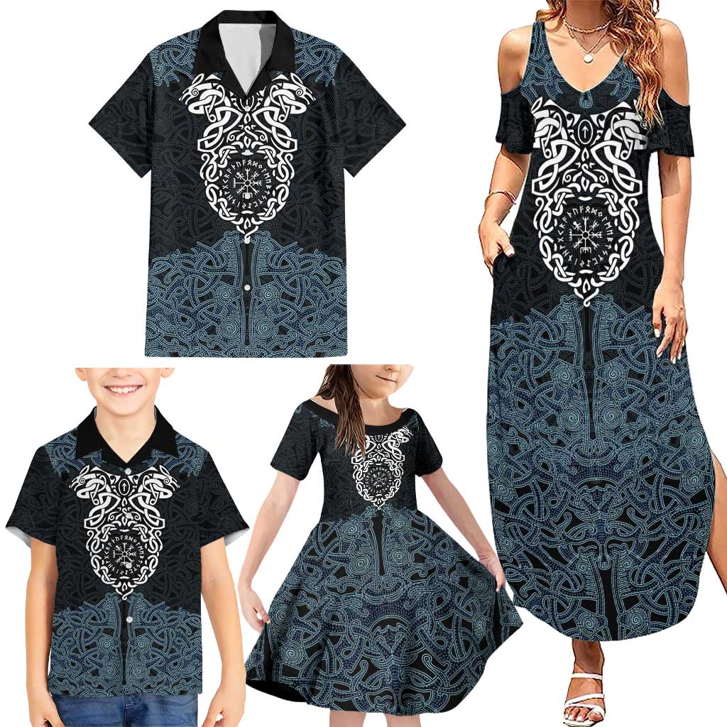 Viking Vegvisir Symbol Family Matching Summer Maxi Dress and Hawaiian Shirt with Runes and Intricate Knotwork Norse Protection Tribute - Wonder Print Shop