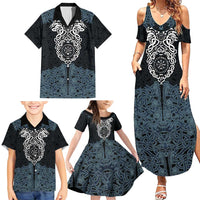 Viking Vegvisir Symbol Family Matching Summer Maxi Dress and Hawaiian Shirt with Runes and Intricate Knotwork Norse Protection Tribute - Wonder Print Shop
