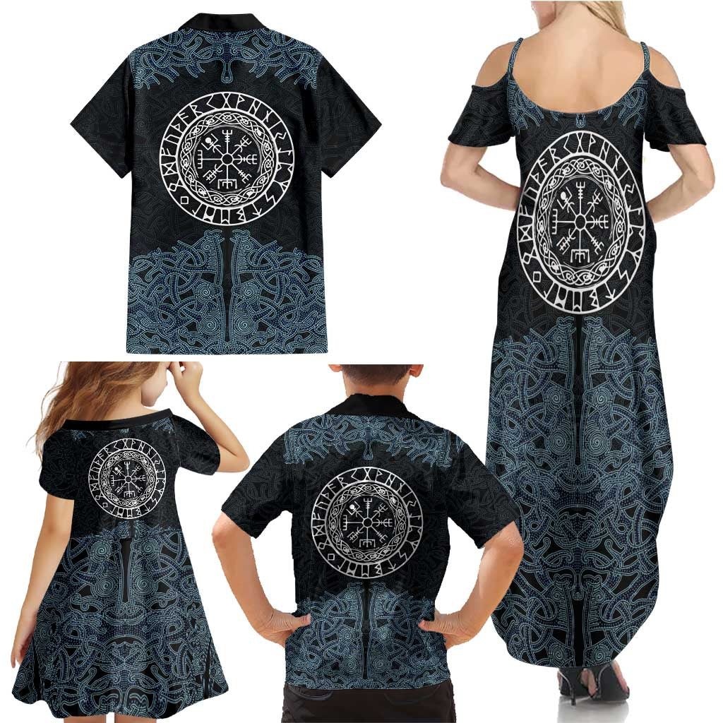 Viking Vegvisir Symbol Family Matching Summer Maxi Dress and Hawaiian Shirt with Runes and Intricate Knotwork Norse Protection Tribute - Wonder Print Shop