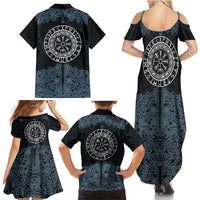 Viking Vegvisir Symbol Family Matching Summer Maxi Dress and Hawaiian Shirt with Runes and Intricate Knotwork Norse Protection Tribute - Wonder Print Shop