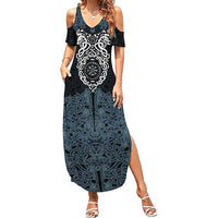 Viking Vegvisir Symbol Family Matching Summer Maxi Dress and Hawaiian Shirt with Runes and Intricate Knotwork Norse Protection Tribute - Wonder Print Shop