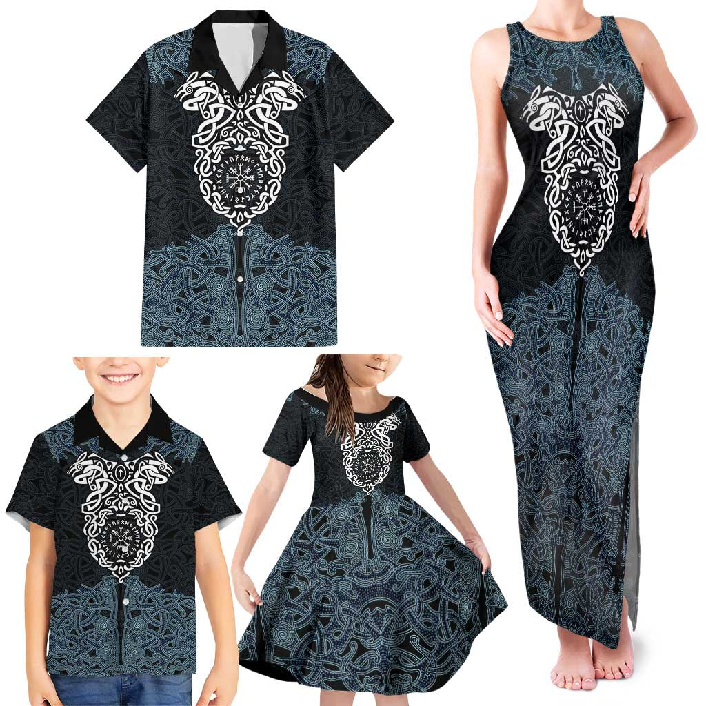 Viking Vegvisir Symbol Family Matching Tank Maxi Dress and Hawaiian Shirt with Runes and Intricate Knotwork Norse Protection Tribute - Wonder Print Shop