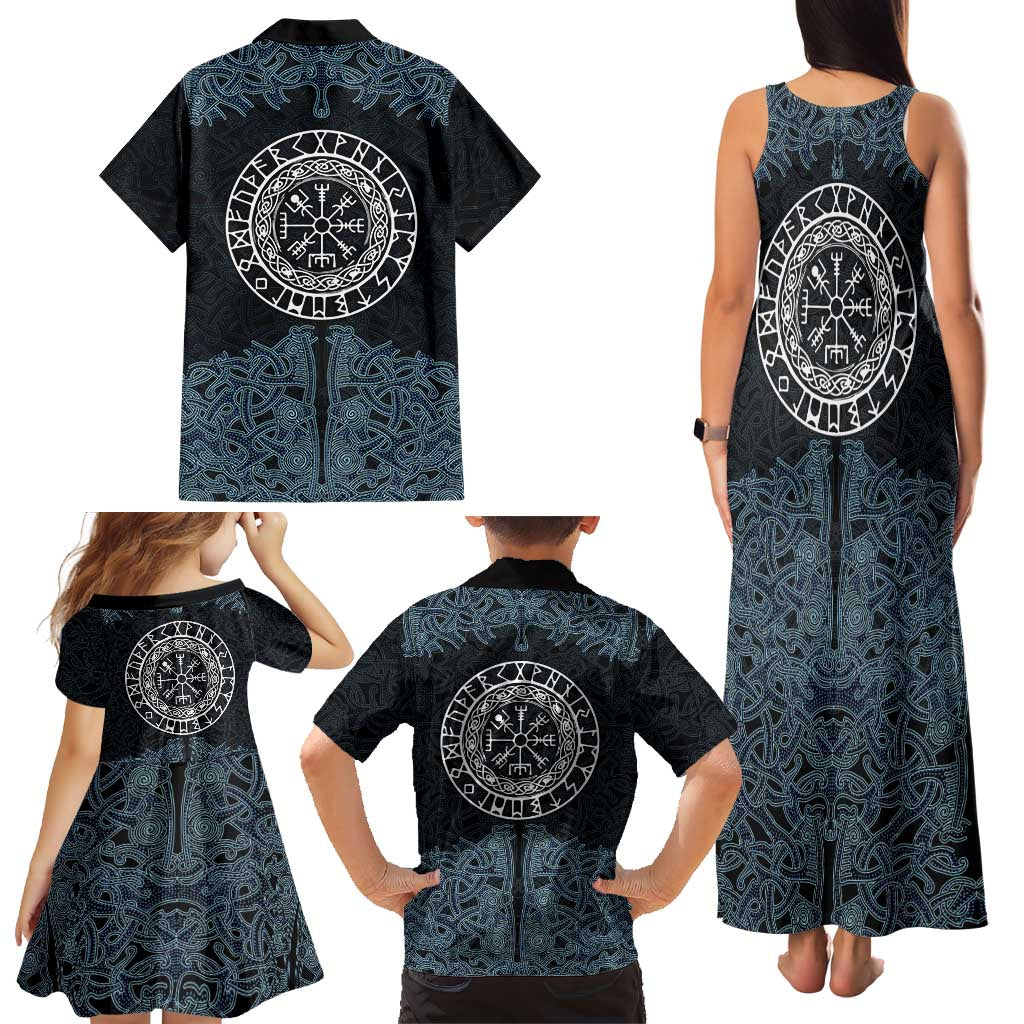 Viking Vegvisir Symbol Family Matching Tank Maxi Dress and Hawaiian Shirt with Runes and Intricate Knotwork Norse Protection Tribute - Wonder Print Shop