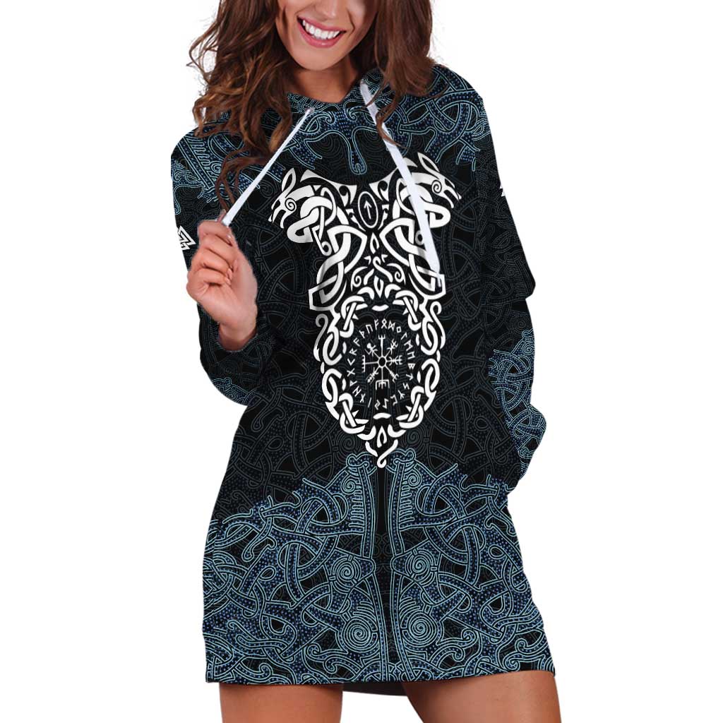 Viking Vegvisir Symbol Hoodie Dress with Runes and Intricate Knotwork Norse Protection Tribute - Wonder Print Shop