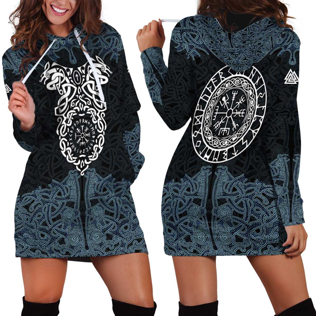 Viking Vegvisir Symbol Hoodie Dress with Runes and Intricate Knotwork Norse Protection Tribute - Wonder Print Shop