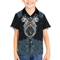 Viking Vegvisir Symbol Kid Hawaiian Shirt with Runes and Intricate Knotwork Norse Protection Tribute - Wonder Print Shop