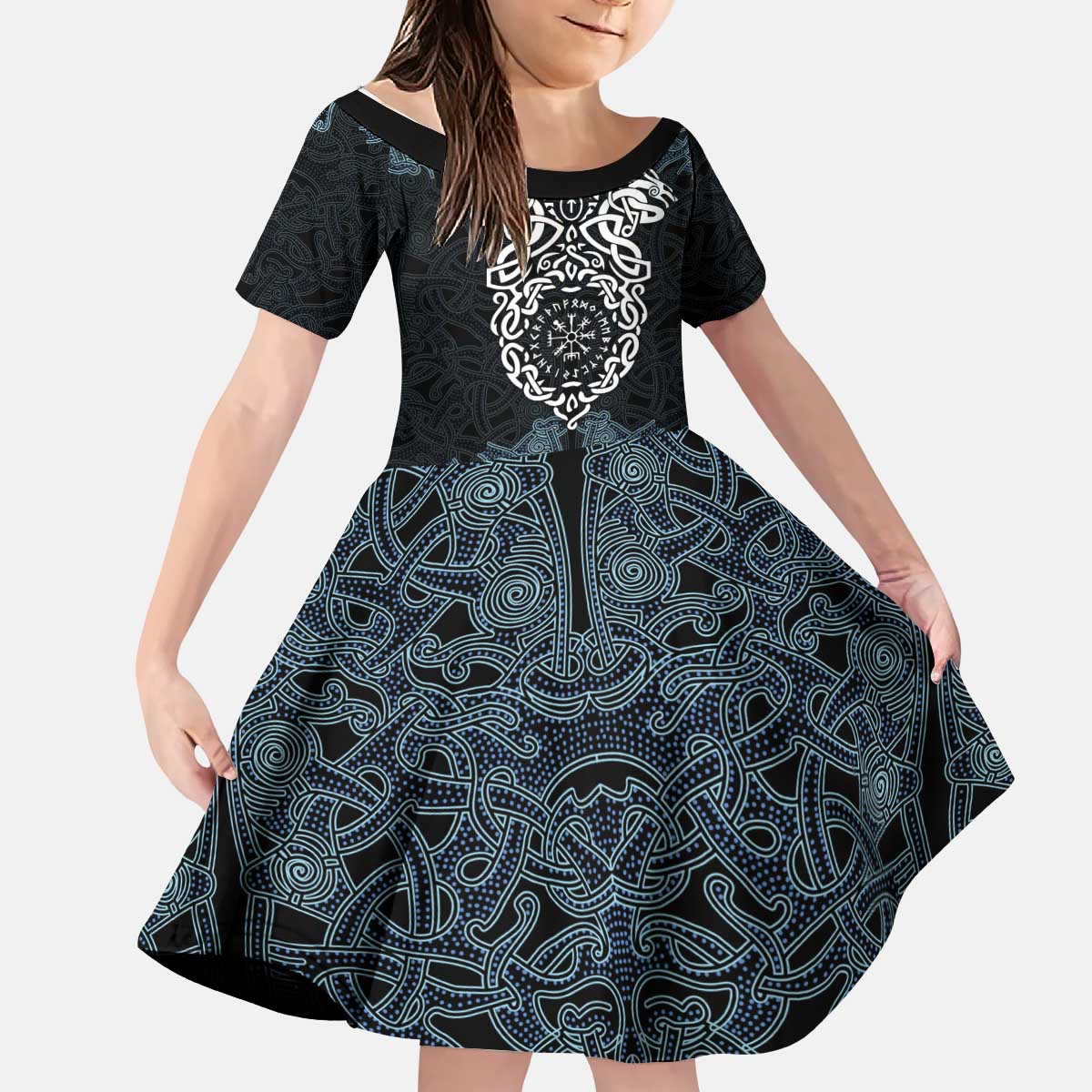 Viking Vegvisir Symbol Kid Short Sleeve Dress with Runes and Intricate Knotwork Norse Protection Tribute - Wonder Print Shop
