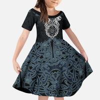 Viking Vegvisir Symbol Kid Short Sleeve Dress with Runes and Intricate Knotwork Norse Protection Tribute - Wonder Print Shop