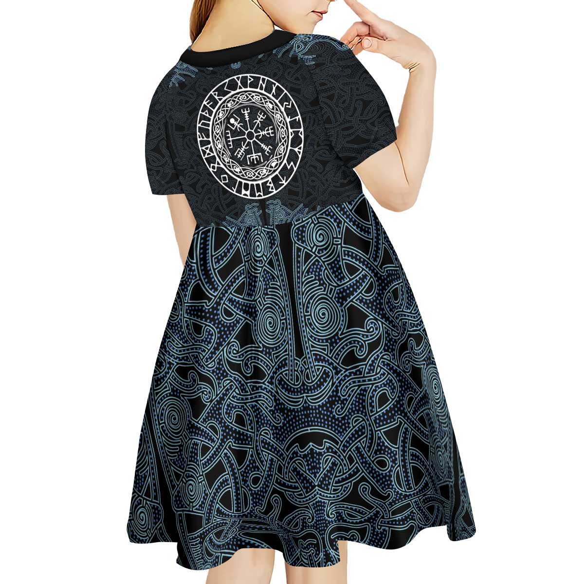 Viking Vegvisir Symbol Kid Short Sleeve Dress with Runes and Intricate Knotwork Norse Protection Tribute - Wonder Print Shop