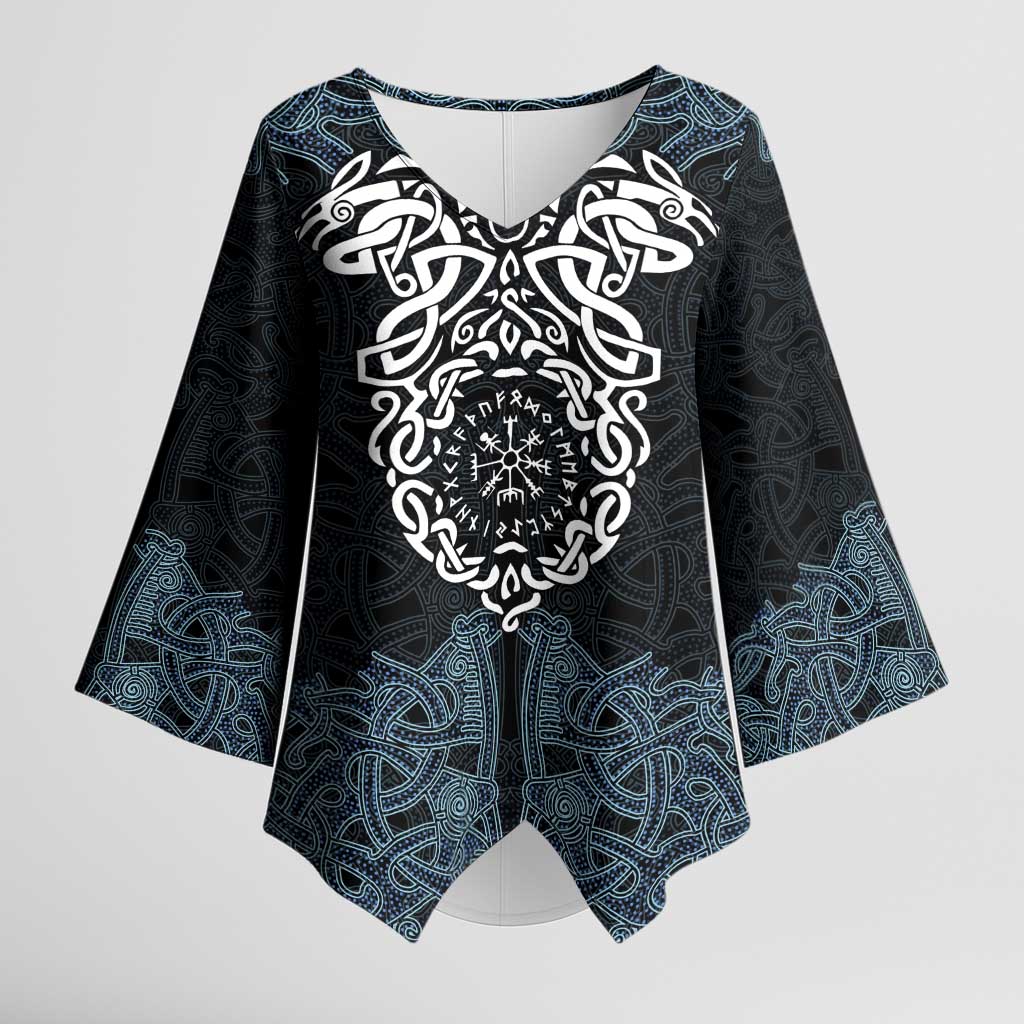 Viking Vegvisir Symbol Kimono Sleeve Blouse with Runes and Intricate Knotwork Norse Protection Tribute - Wonder Print Shop