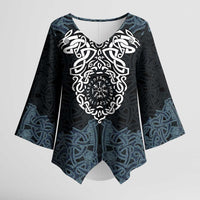 Viking Vegvisir Symbol Kimono Sleeve Blouse with Runes and Intricate Knotwork Norse Protection Tribute - Wonder Print Shop