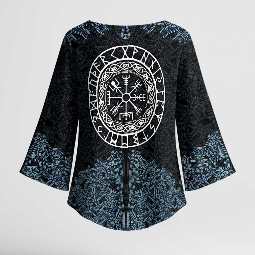 Viking Vegvisir Symbol Kimono Sleeve Blouse with Runes and Intricate Knotwork Norse Protection Tribute - Wonder Print Shop