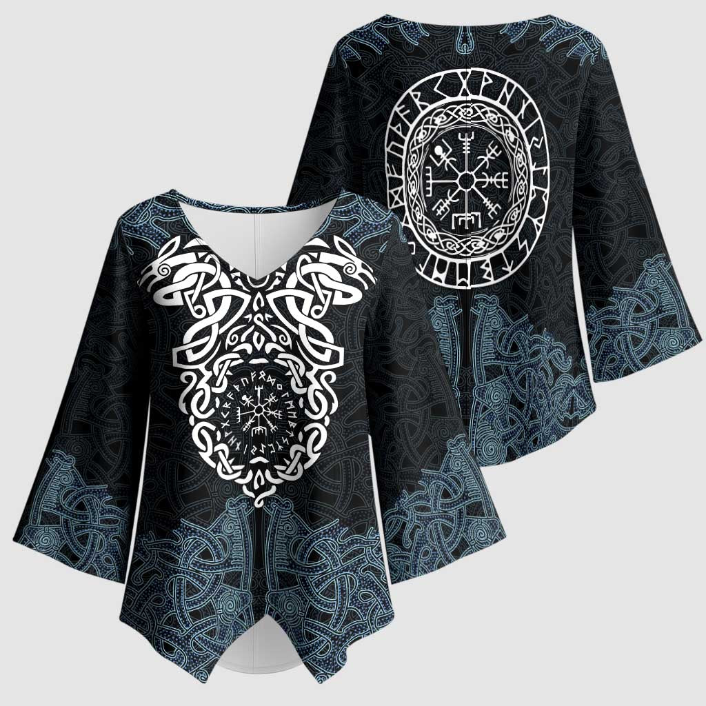Viking Vegvisir Symbol Kimono Sleeve Blouse with Runes and Intricate Knotwork Norse Protection Tribute - Wonder Print Shop