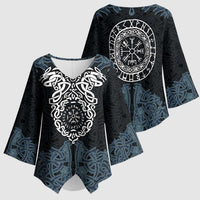 Viking Vegvisir Symbol Kimono Sleeve Blouse with Runes and Intricate Knotwork Norse Protection Tribute - Wonder Print Shop