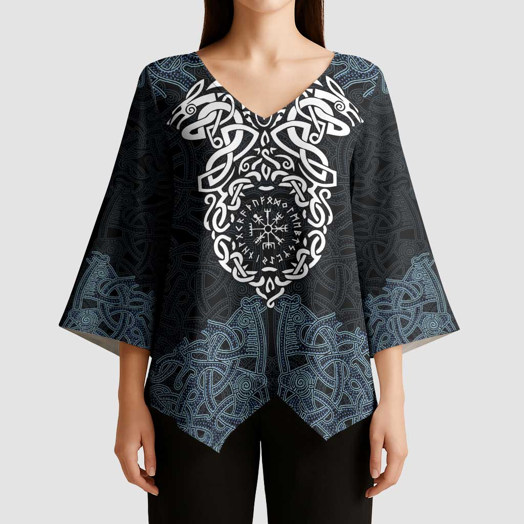 Viking Vegvisir Symbol Kimono Sleeve Blouse with Runes and Intricate Knotwork Norse Protection Tribute - Wonder Print Shop