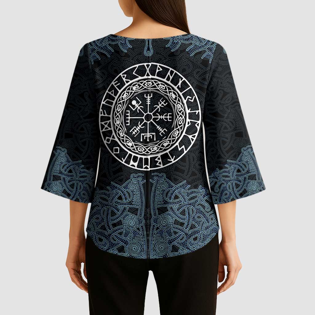 Viking Vegvisir Symbol Kimono Sleeve Blouse with Runes and Intricate Knotwork Norse Protection Tribute - Wonder Print Shop