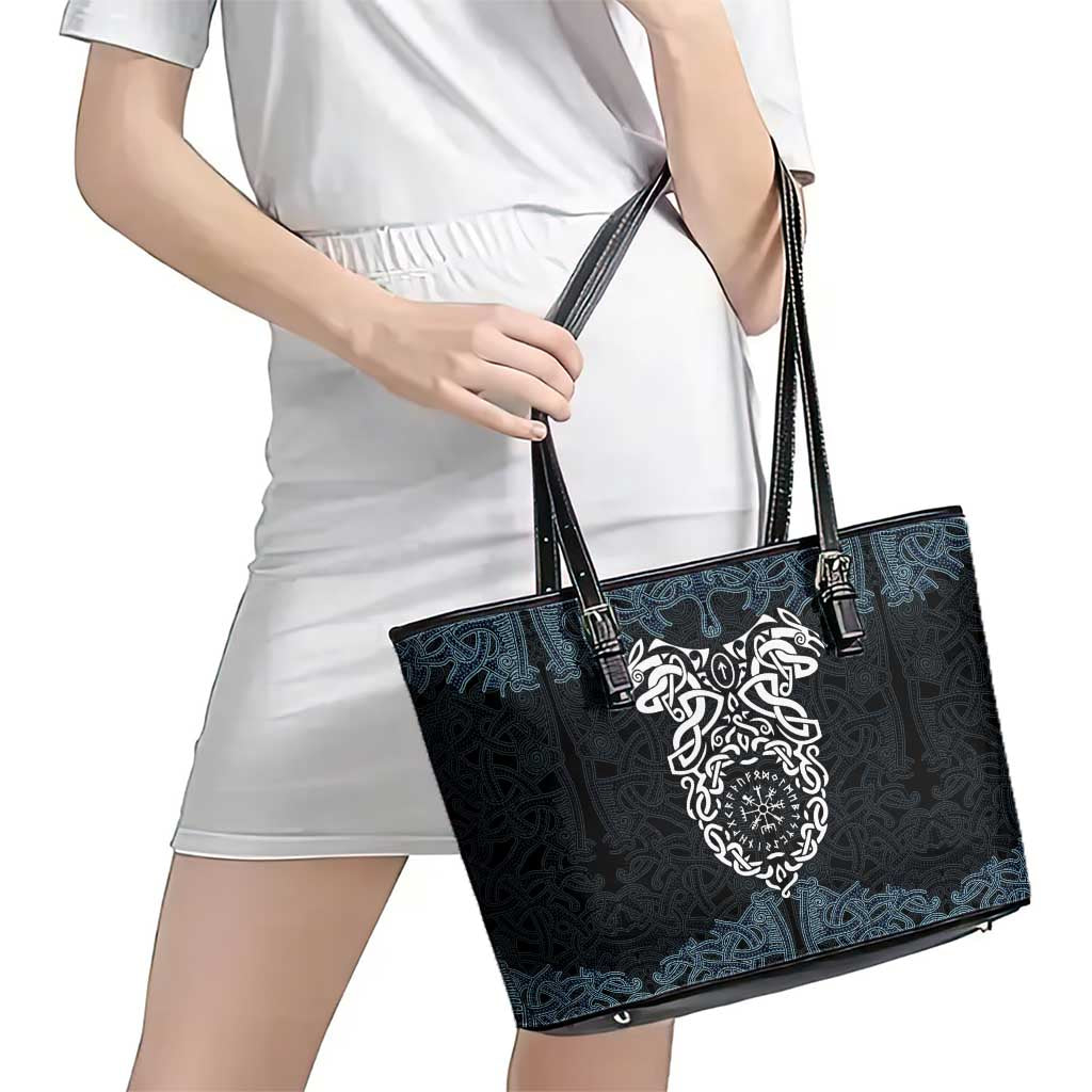 Viking Vegvisir Symbol Leather Tote Bag with Runes and Intricate Knotwork Norse Protection Tribute - Wonder Print Shop