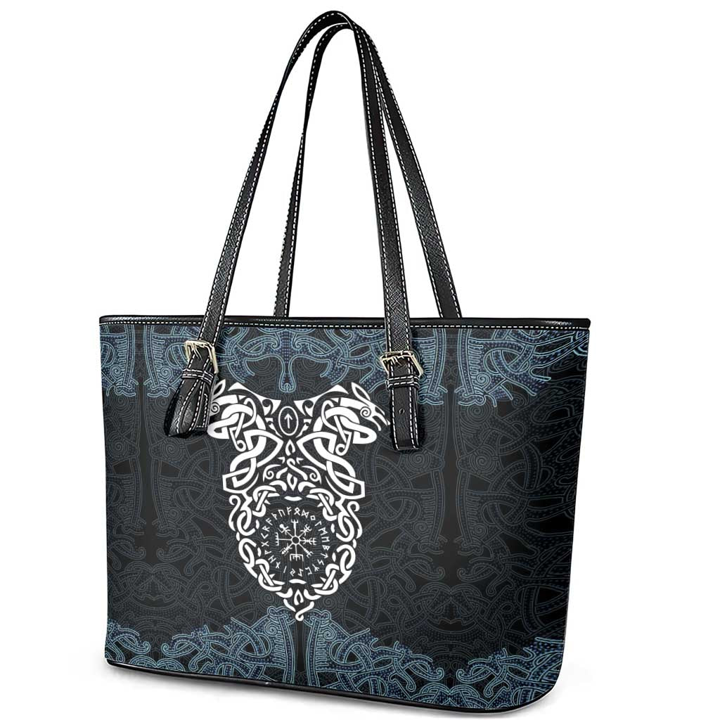 Viking Vegvisir Symbol Leather Tote Bag with Runes and Intricate Knotwork Norse Protection Tribute - Wonder Print Shop