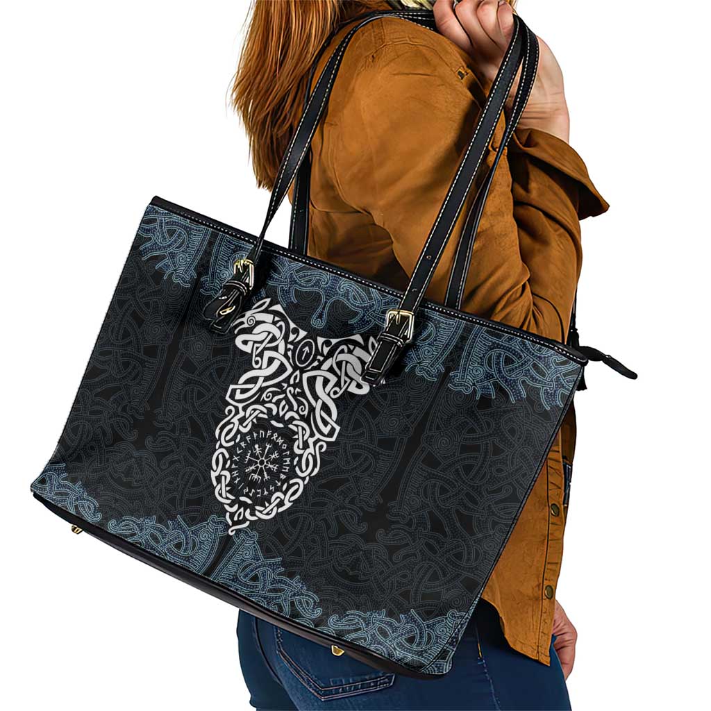 Viking Vegvisir Symbol Leather Tote Bag with Runes and Intricate Knotwork Norse Protection Tribute - Wonder Print Shop