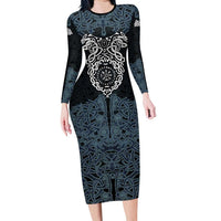 Viking Vegvisir Symbol Long Sleeve Bodycon Dress with Runes and Intricate Knotwork Norse Protection Tribute - Wonder Print Shop