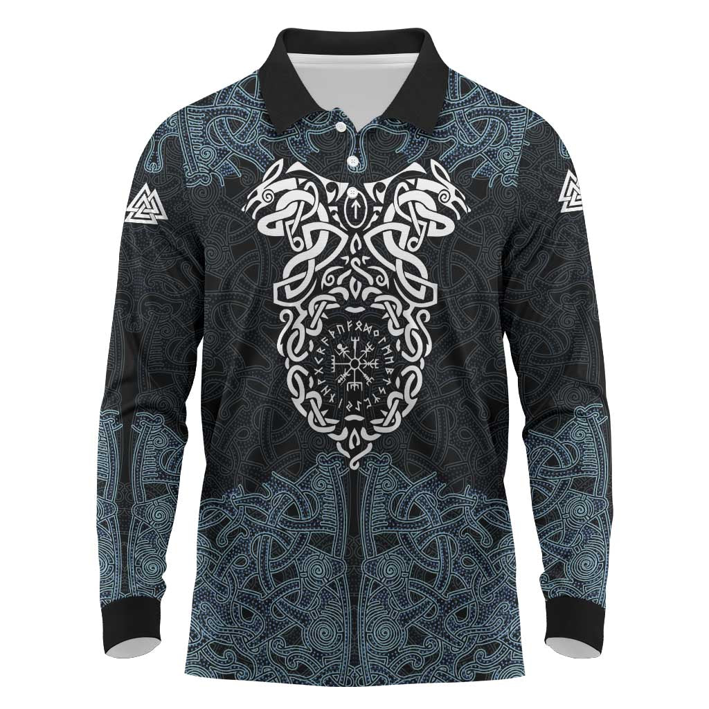 Viking Vegvisir Symbol Long Sleeve Polo Shirt with Runes and Intricate Knotwork Norse Protection Tribute - Wonder Print Shop