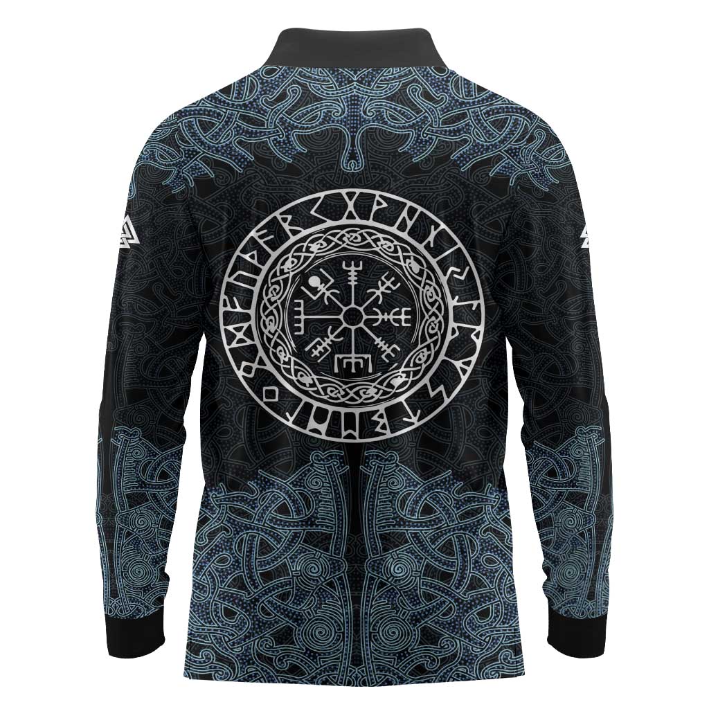 Viking Vegvisir Symbol Long Sleeve Polo Shirt with Runes and Intricate Knotwork Norse Protection Tribute - Wonder Print Shop