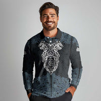 Viking Vegvisir Symbol Long Sleeve Polo Shirt with Runes and Intricate Knotwork Norse Protection Tribute - Wonder Print Shop