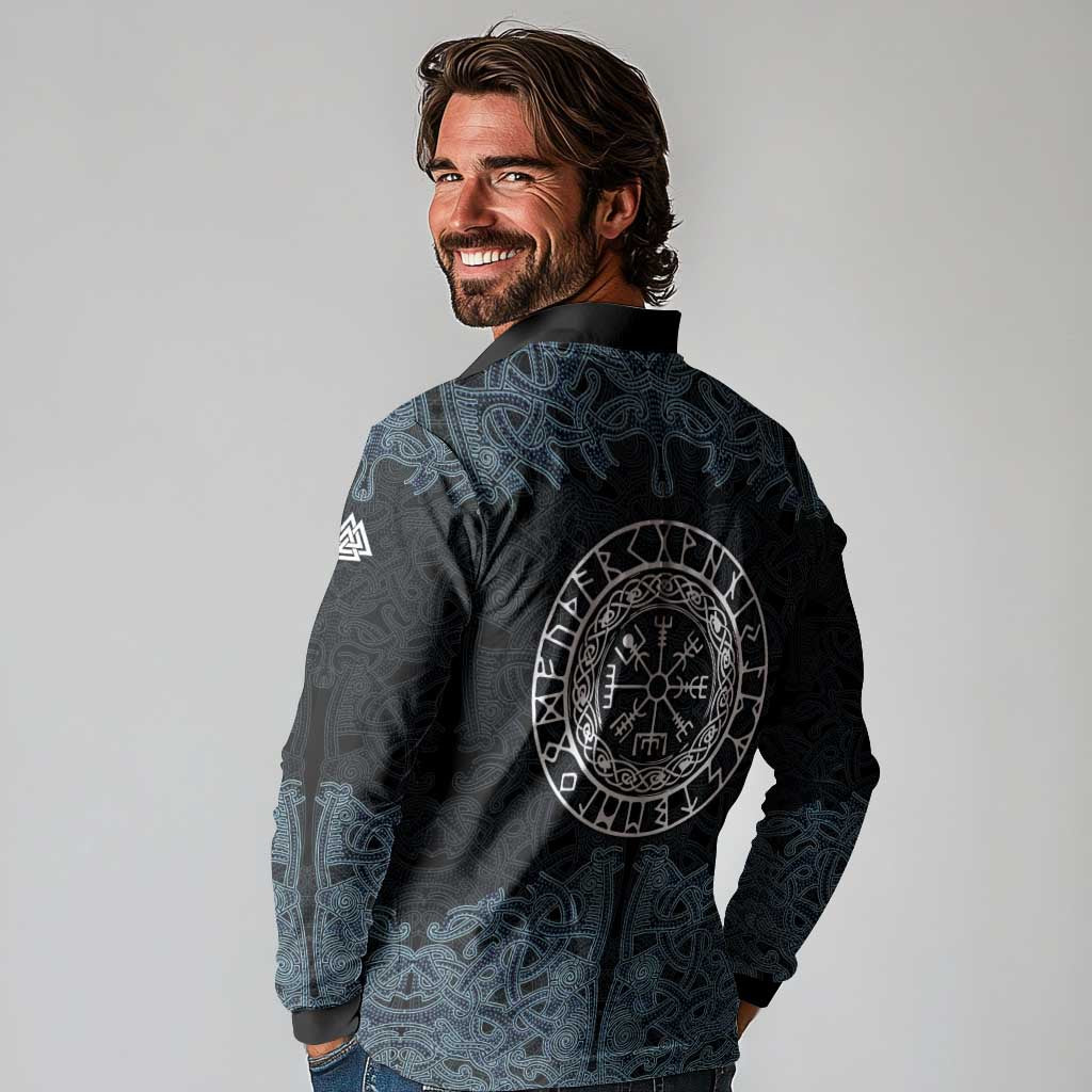 Viking Vegvisir Symbol Long Sleeve Polo Shirt with Runes and Intricate Knotwork Norse Protection Tribute - Wonder Print Shop