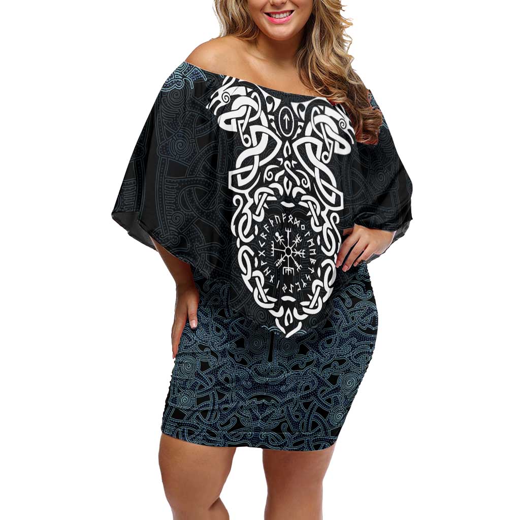 Viking Vegvisir Symbol Off Shoulder Short Dress with Runes and Intricate Knotwork Norse Protection Tribute - Wonder Print Shop