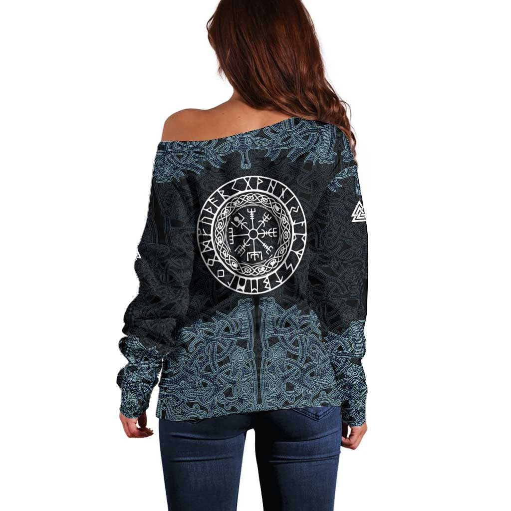 Viking Vegvisir Symbol Off Shoulder Sweater with Runes and Intricate Knotwork Norse Protection Tribute - Wonder Print Shop