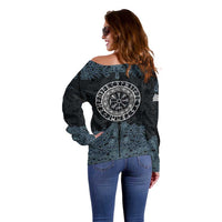 Viking Vegvisir Symbol Off Shoulder Sweater with Runes and Intricate Knotwork Norse Protection Tribute - Wonder Print Shop