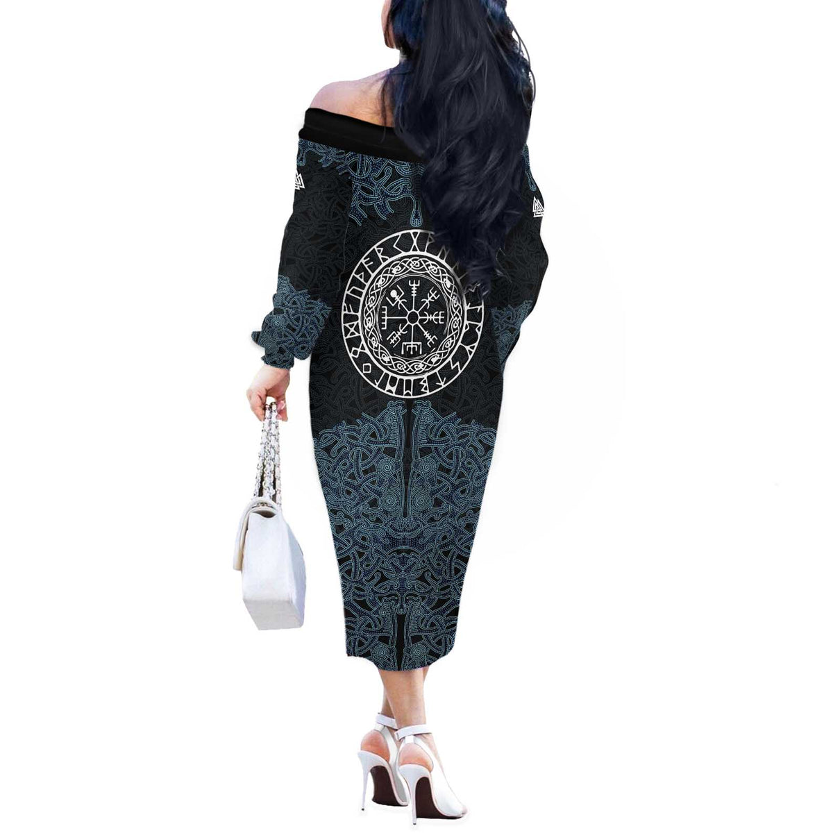 Viking Vegvisir Symbol Off The Shoulder Long Sleeve Dress with Runes and Intricate Knotwork Norse Protection Tribute - Wonder Print Shop