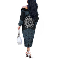 Viking Vegvisir Symbol Off The Shoulder Long Sleeve Dress with Runes and Intricate Knotwork Norse Protection Tribute - Wonder Print Shop