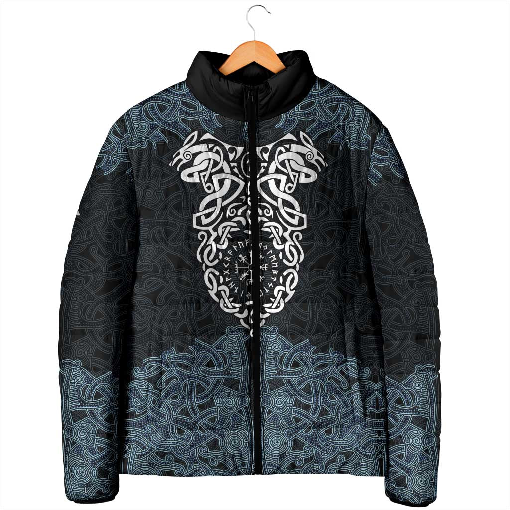 Viking Vegvisir Symbol Padded Jacket with Runes and Intricate Knotwork Norse Protection Tribute - Wonder Print Shop