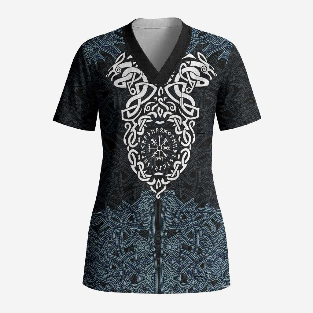 Viking Vegvisir Symbol Scrub Top with Runes and Intricate Knotwork Norse Protection Tribute - Wonder Print Shop