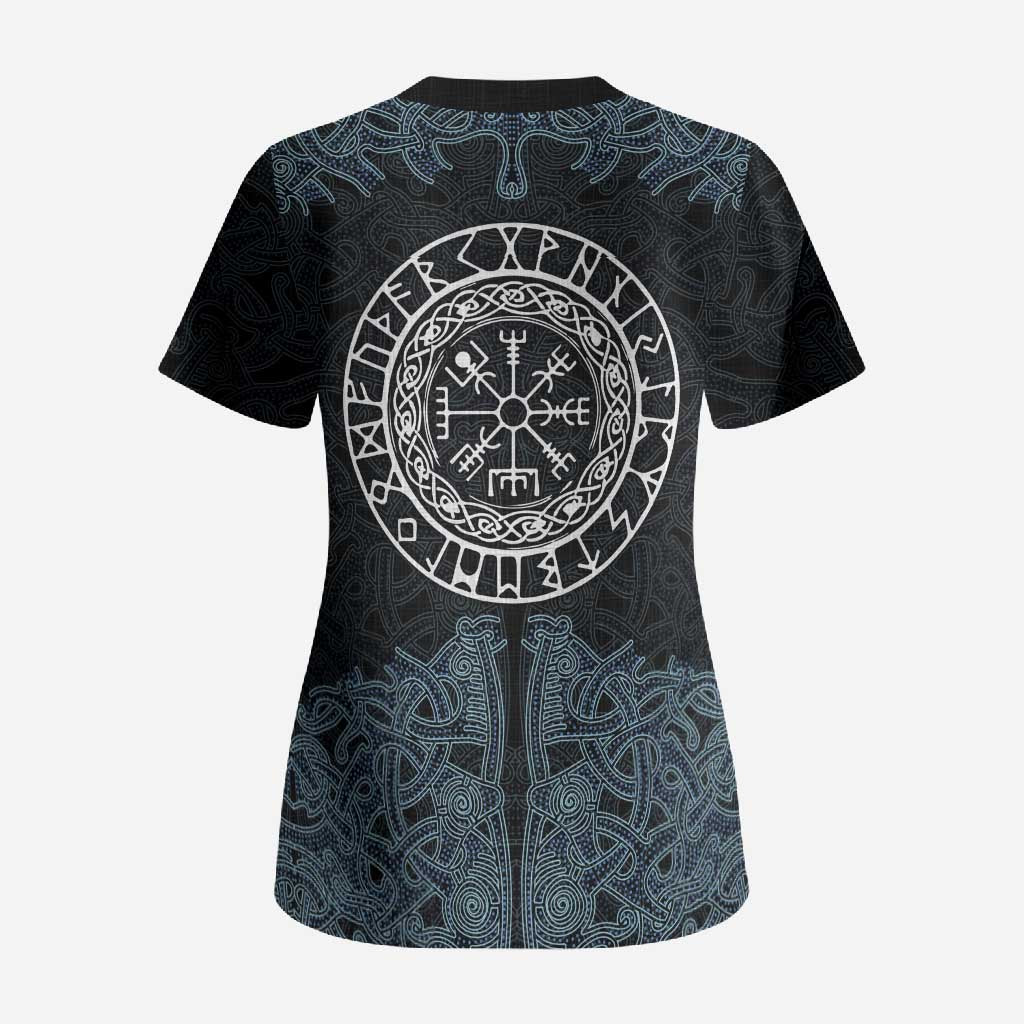 Viking Vegvisir Symbol Scrub Top with Runes and Intricate Knotwork Norse Protection Tribute - Wonder Print Shop