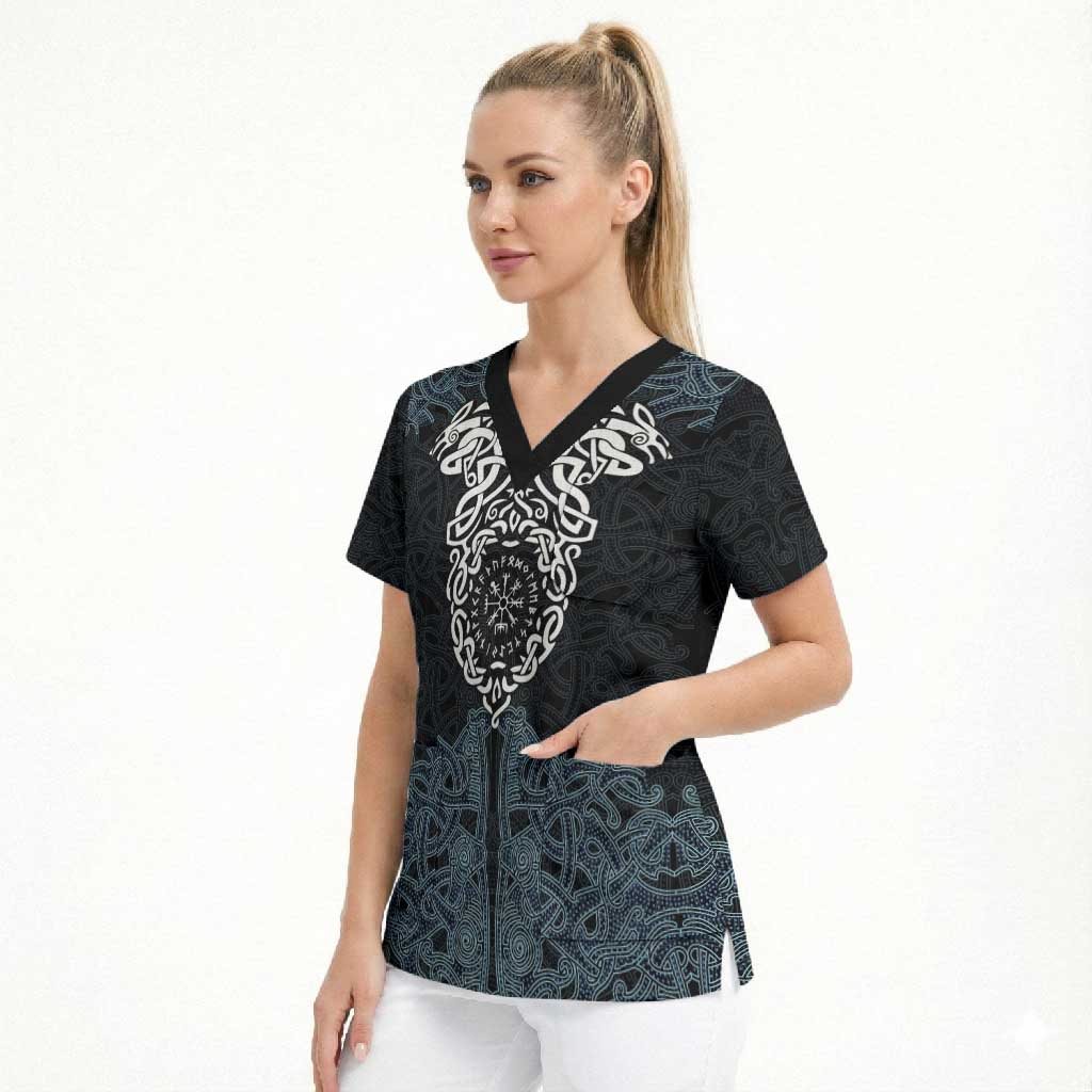 Viking Vegvisir Symbol Scrub Top with Runes and Intricate Knotwork Norse Protection Tribute - Wonder Print Shop